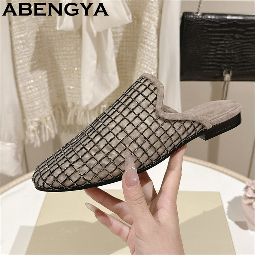 Ethnic Fashion In - 반짝이는 레이스 메쉬 라운드 토 플랫