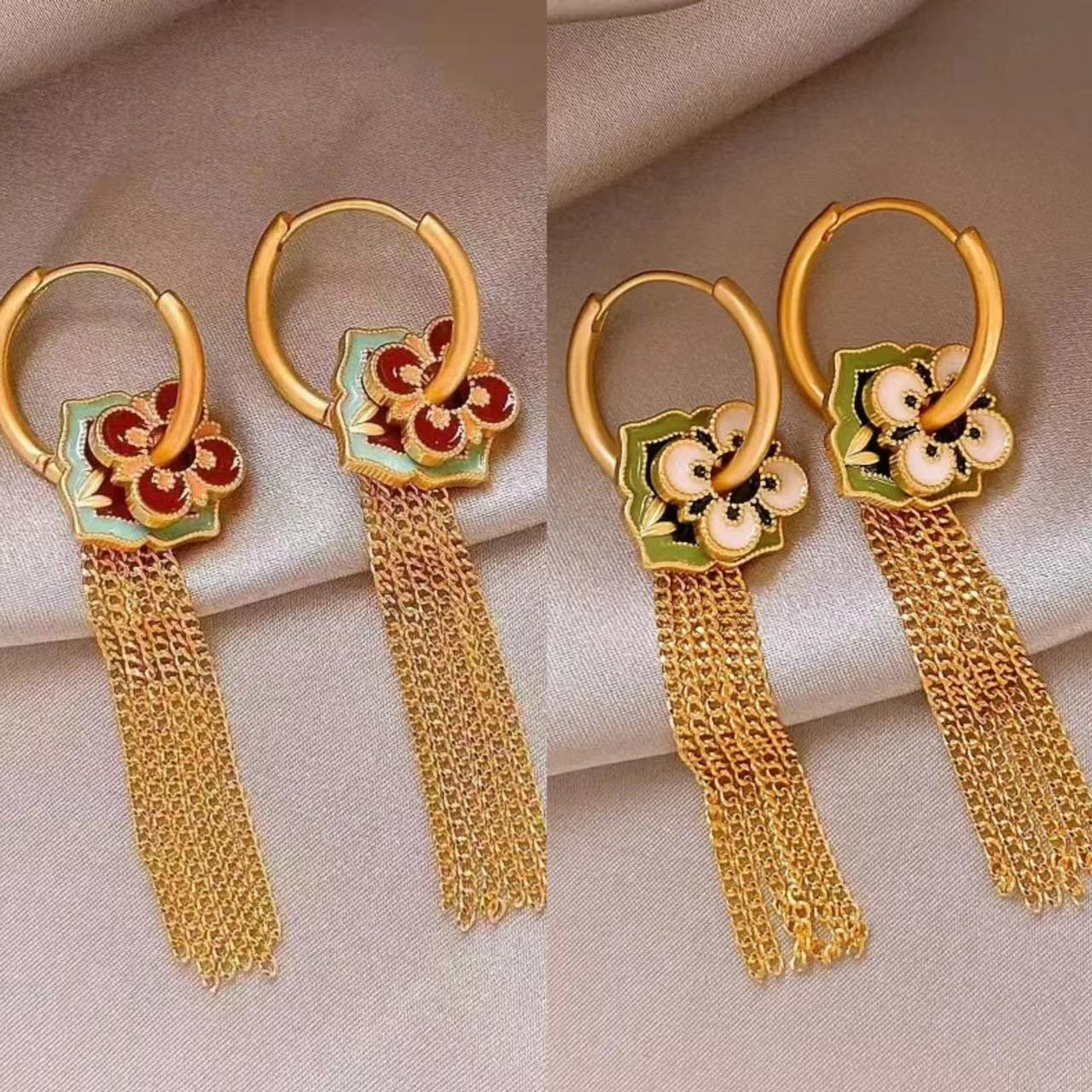 Ethnic Fashion Way - 여성용 꽃 모양 황금 술 귀걸이,