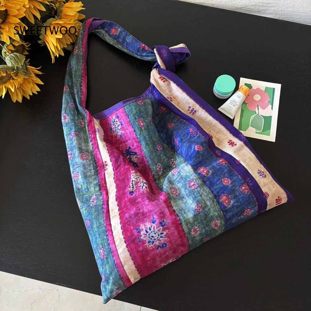 Ethnic Fashion Way - 퍼플 패치워크 에스닉 스트라이프 코튼 토트백