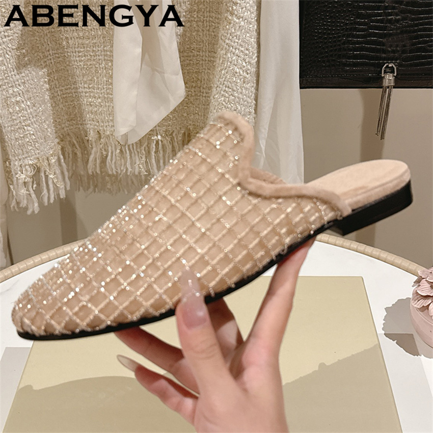 반짝이는 레이스 메쉬 라운드 토 플랫 슬리퍼 여성용 블 - Ethnic Fashion In 리뷰 및 가격