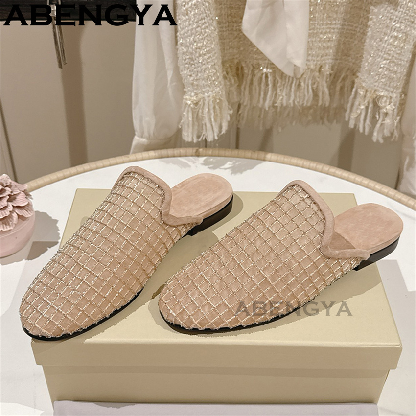 반짝이는 레이스 메쉬 라운드 토 플랫 슬리퍼 여성용 블 - Ethnic Fashion In 리뷰 및 가격