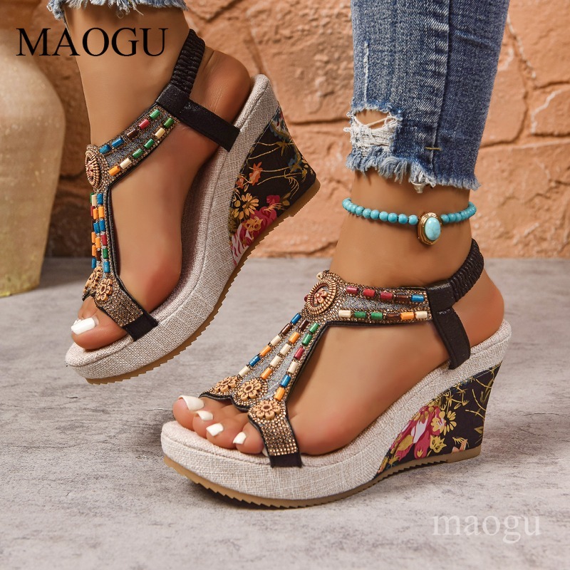 보헤미안 스타일 비즈 장식 플로럴 웨지 샌들 여성용 오 - Ethnic Boho Fashion 리뷰 및 가격