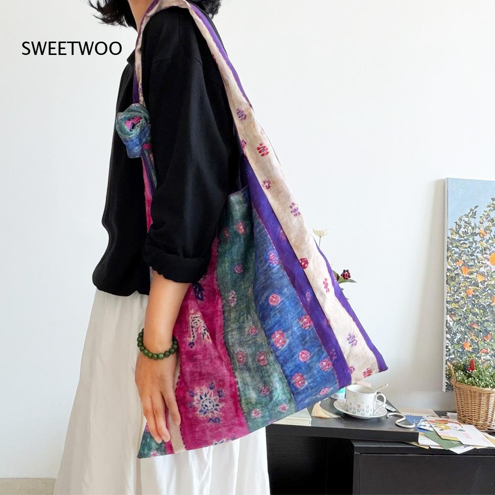 퍼플 패치워크 에스닉 스트라이프 코튼 토트백 조절 가능 - Ethnic Fashion Way 리뷰 및 가격