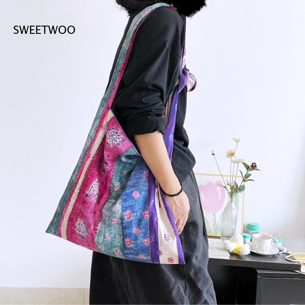 퍼플 패치워크 에스닉 스트라이프 코튼 토트백 조절 가능 - Ethnic Fashion Way 리뷰 및 가격