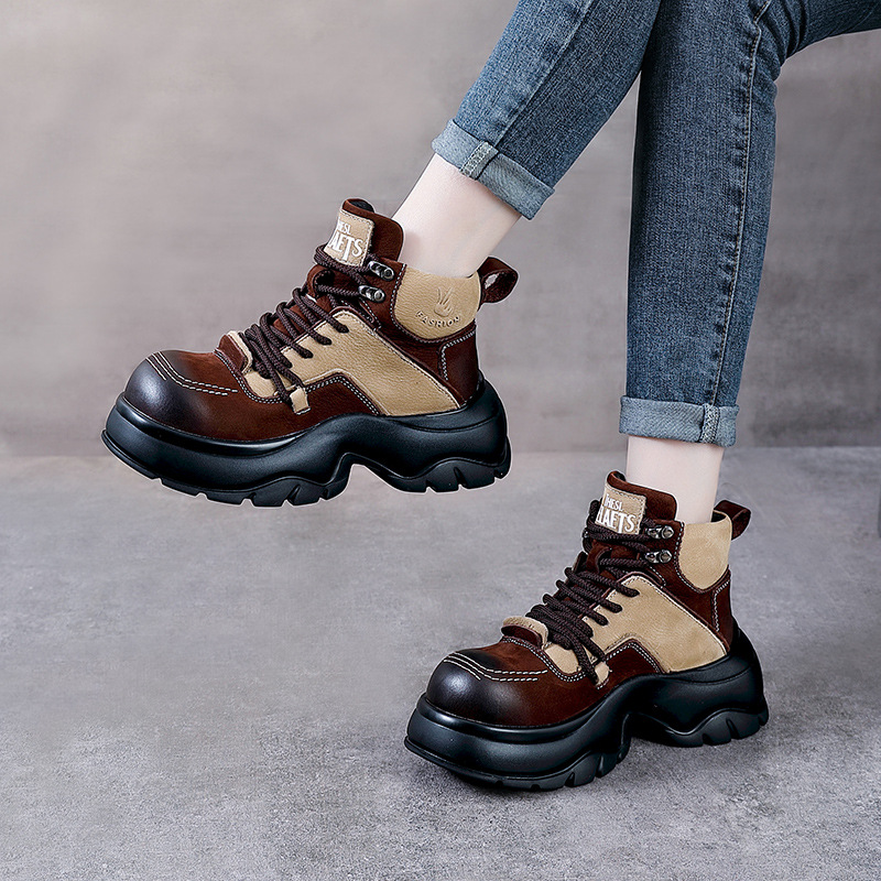 6cm 천연 가죽 웨지 패션 부츠 와이드 토 앵클 부티 - Ethnic Fashion In 리뷰 및 가격